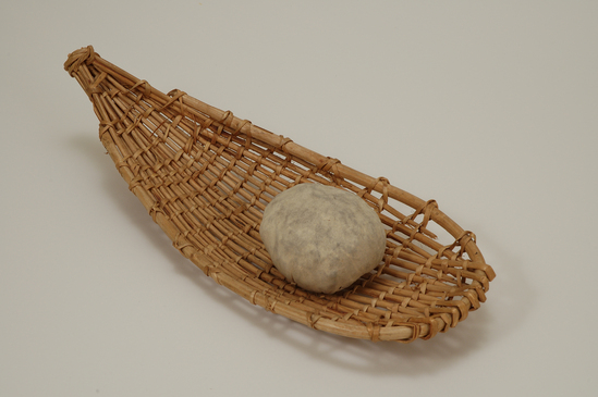 Hearst Museum object 6 of 8 titled Racket, accession number 1-10363a,b, described as Basket racket;  warp is Willow (Salix), weft is Maple (Acer macrophyllum). Open plain twined, peeled shoots, with no decoration.