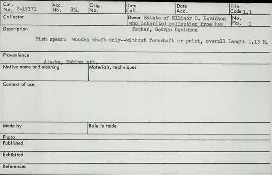 Documentation associated with Hearst Museum object titled Spear, accession number 2-19371, described as Wooden shaft only.