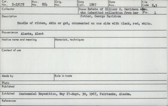 Documentation associated with Hearst Museum object titled Ribbon, accession number 2-19172, described as Made of skin or gut; ornamented on one side with black, red, white.