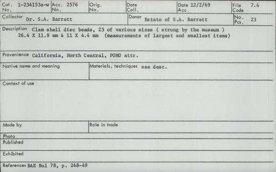 Documentation associated with Hearst Museum object titled Beads, accession number 1-234153a-w, described as Clam shell disc beads. 23 of various sizes (strung by the museum).