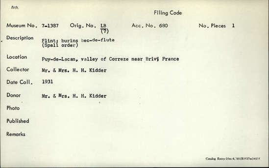 Documentation associated with Hearst Museum object titled Burin, accession number 7-1387, described as flint; burins bec-de-flute (spall order)