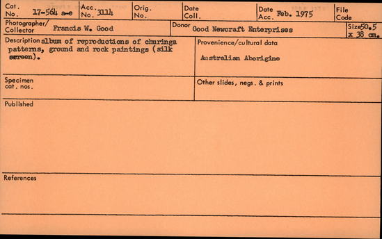 Documentation associated with Hearst Museum object titled Silkscreen, accession number 17-564a-e, described as Album of reproductions of churinga patterns, ground and rock paintings.