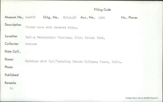 Documentation associated with Hearst Museum object titled Core, accession number 9-6435, described as Fluted core with crested ridge.