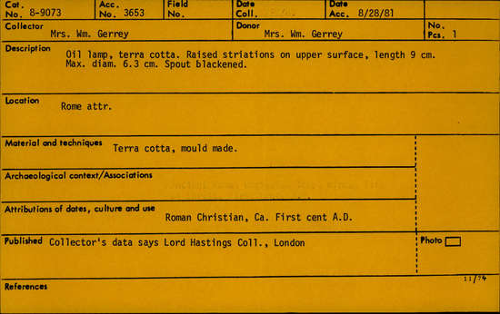 Documentation associated with Hearst Museum object titled Oil lamp, accession number 8-9073, described as Oil lamp, terra cotta. Raised striations on upper surface, length 9 cm. Max. Diam. 6.3 cm spout blackened.