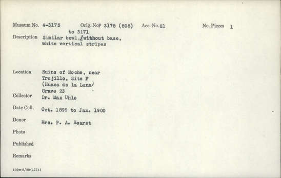 Documentation associated with Hearst Museum object titled Bowl, accession number 4-3175, described as Similar bowl/without base, white vertical stripes