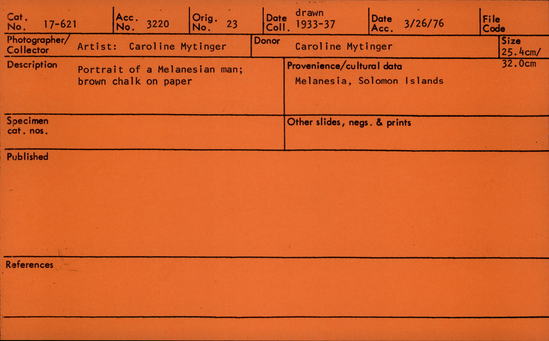 Documentation associated with Hearst Museum object titled Portrait, accession number 17-621, described as Portrait of a Melanesian man; brown chalk on paper. Width: 25.4 cm; height: 32.0 cm.