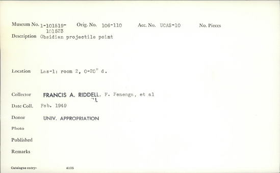 Documentation associated with Hearst Museum object titled Projectile point, accession number 1-101523, described as Obsidian.