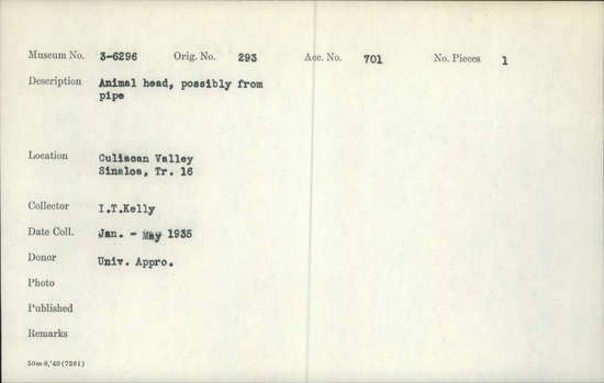 Documentation associated with Hearst Museum object titled Pipe fragment, accession number 3-6296, described as Animal head, possibly from pipe.