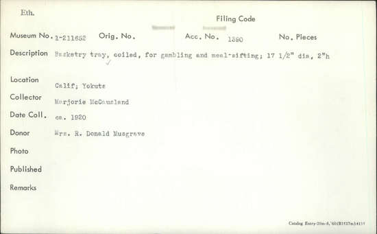 Documentation associated with Hearst Museum object titled Gambling tray, accession number 1-211652, described as Basketry tray, coiled.