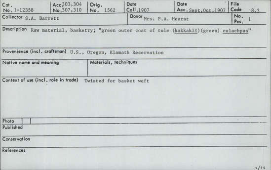 Documentation associated with Hearst Museum object titled Tule, accession number 1-12358, described as Green colored outer coat of tule, (kakkakli) green (culachpas). Twisted.