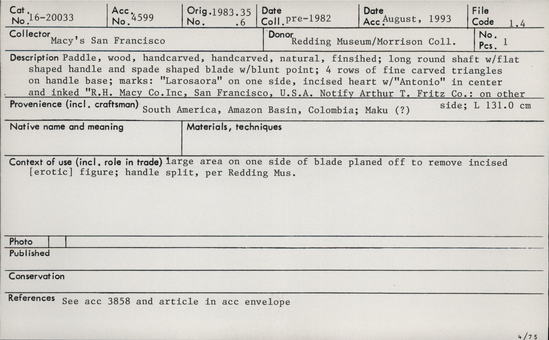 Documentation associated with Hearst Museum object titled Paddle, accession number 16-20033, no description available.