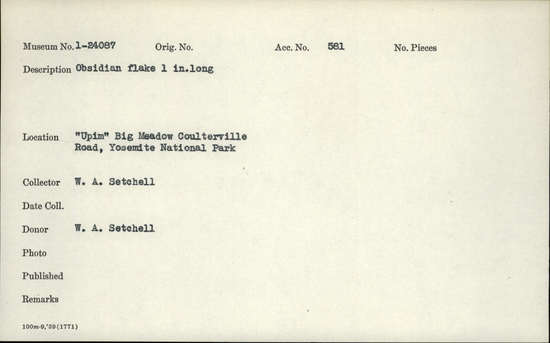 Documentation associated with Hearst Museum object titled Flake, accession number 1-24087, described as Obsidian flake