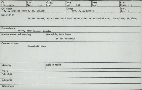 Documentation associated with Hearst Museum object titled Basket, accession number 2-9125, described as Twined, with inset cord handles on sides below ribbed rim.