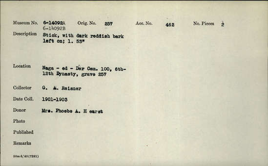 Documentation associated with Hearst Museum object titled Stick, accession number 6-14092a,b, described as Stick, with dark reddish bark left on; length 53 inches.