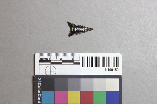 Hearst Museum object 2 of 2 titled Projectile point, accession number 1-100150, described as Obsidian projectile point. Notice: Image restricted due to its potentially sensitive nature. Contact Museum to request access.