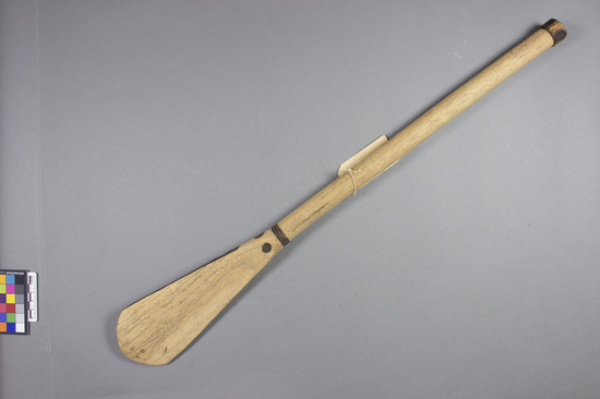 Hearst Museum object titled Paddle, accession number 5-4403, described as Paddle; natural wood with burned design; 62 cm l.