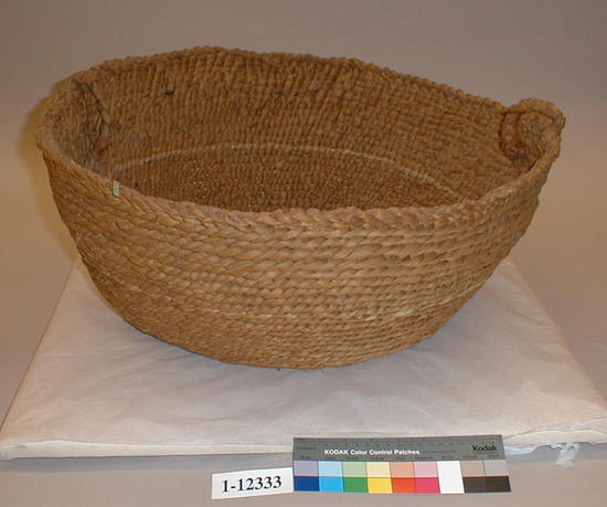 Hearst Museum object titled Basket, accession number 1-12333, described as Handled basket; twined. Used for fruit packing. Warp is Tule (Schoenoplectus acutus), weft is unsplit Tule and unsplit Cattail (Typha latifolia).