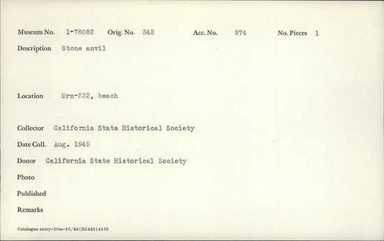 Documentation associated with Hearst Museum object titled Anvil, accession number 1-78082, described as Anvil stone. Notice: Image restricted due to its potentially sensitive nature. Contact Museum to request access.