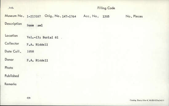 Documentation associated with Hearst Museum object titled Awl, accession number 1-213187, described as Bone.