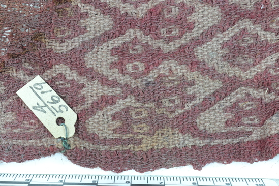 Hearst Museum object 4 of 8 titled Cloth, accession number 4-5619, described as Red cloth with pattern of conventional animal heads