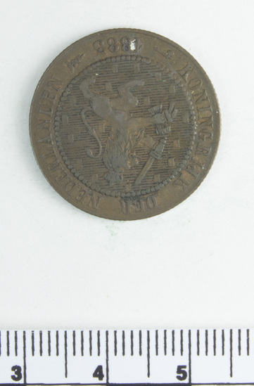 Hearst Museum object titled Coin, accession number 7-2859, described as Coin: Cu; Obverse- Koning Rijk. Der. Nederlandden 1883 Reverse- 2 1/2 cent; 3.78 grams.