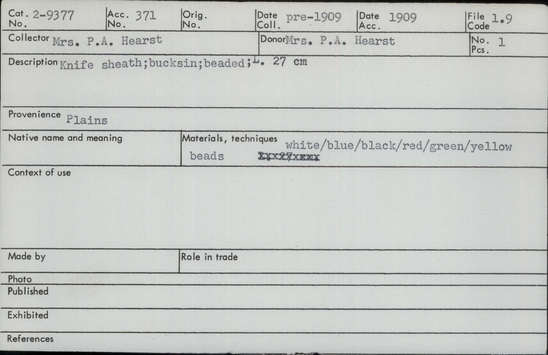 Documentation associated with Hearst Museum object titled Sheath, accession number 2-9377, described as Buckskin; beaded white/blue/black/red/green/yellow.  For knife.