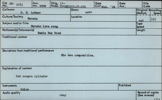 Documentation associated with Hearst Museum object titled Audio recording, accession number 24-2763, described as Navajo Love Song