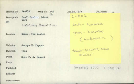 Documentation associated with Hearst Museum object titled Bowl, accession number 2-8112, described as Small bowl. Blackware. Height 5.5 cm., diameter 7.6 cm.