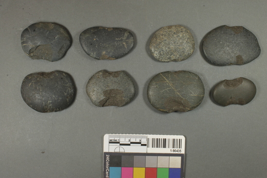 Hearst Museum object titled Sinkers, accession number 1-90435, described as Notched pebble sinkers.