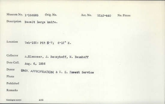 Documentation associated with Hearst Museum object titled Knife, accession number 1-156585, described as Basalt, large.