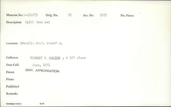 Documentation associated with Hearst Museum object titled Awl, accession number 1-124973, described as Split bone.