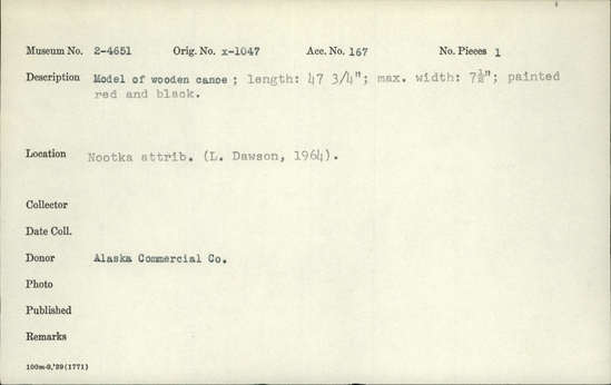 Documentation associated with Hearst Museum object titled Canoe model, accession number 2-4651, described as Model of wooden canoe, painted red and black.