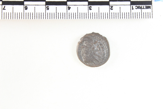 Hearst Museum object titled Coin: æ, accession number 8-9762, described as Coin; AE; Roman. Marius. Obverse: Bust facing right, diademed. Reverse: Female figure standing draped facing left.  CF American Numismatic Society coin 1977.259.2 with inscription Obverse: IM[P C MARIV]S P F AVG. Reverse: SAEC FELICITAS.