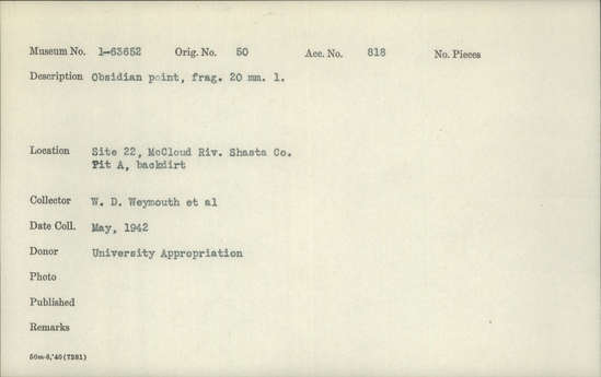 Documentation associated with Hearst Museum object titled Point fragment, accession number 1-63652, described as Obsidian.
