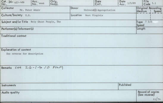 Documentation associated with Hearst Museum object titled Audio recording, accession number 24-457, described as The Holy Ghost People.  Serpent Handlers. See 26-1 -> 10 film.