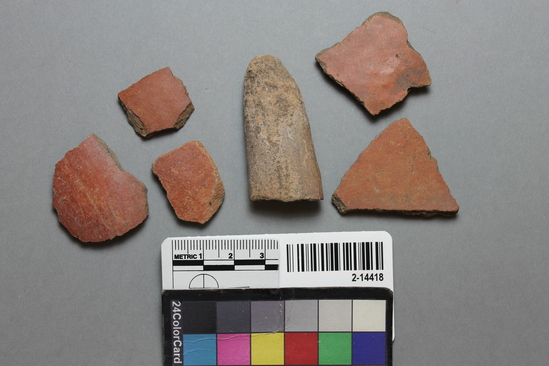 Hearst Museum object 1 of 2 titled Potsherds, accession number 2-14418, described as Gila Red ware.