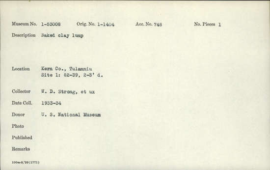 Documentation associated with Hearst Museum object titled Baked clay, accession number 1-53008, described as Baked clay lump