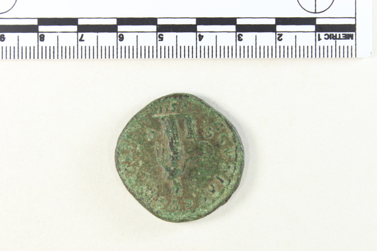 Hearst Museum object 4 of 8 titled Coin: æ sestertius, accession number 8-4022, described as Coin; AE; Sestertius; Roman. Marcus Aurelius, 161-162 AD. Rome, Italy Obverse: IMP CAES M AVREL ANTONINVS AVG P M, Bust r. laureate. Reverse: SALVTI AVGVSTOR TR P XVII, Salus left feeding snake at altar; S C in field; in exergue, COS III.