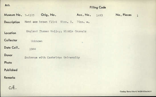 Documentation associated with Hearst Museum object titled Handaxe, accession number 7-4103, described as Hand axe; brown flint