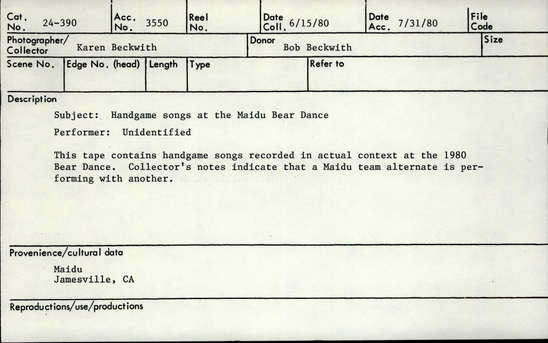 Documentation associated with Hearst Museum object titled Audio track, accession number 24-390.A.3, described as Unidentified Team