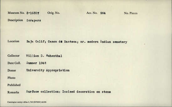 Documentation associated with Hearst Museum object titled Scrapers, accession number 3-15357, described as Scraper.