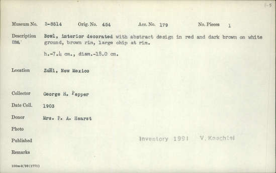 Documentation associated with Hearst Museum object titled Bowl, accession number 2-8514, described as Bowl, interior decorated with abstract design in red and dark brown on white ground, brown rim, large chip at rim. Height 7.4 cm., diameter 18.0 cm.