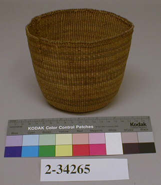 Hearst Museum object 1 of 3 titled Basket, accession number 2-34265, described as Cylindrical, twined spruce root, faded red and blue dyed bands; split spruce root false embroidery: brown band near rim, and yellow and purple bands on base. Slightly damaged.