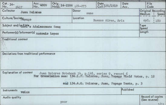 Documentation associated with Hearst Museum object titled Audio recording, accession number 24-2417, described as Girl's Adolescence Song Notebook 14, p.148 Series 9, Record 6