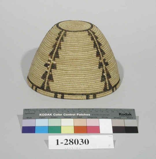 Hearst Museum object titled Basketry cap, accession number 1-28030, described as Basketry cap.  Coiled. Yellowhammer quill decoration.