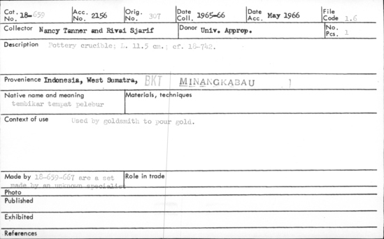 Documentation associated with Hearst Museum object titled Pottery crucible, accession number 18-659, described as pottery crucible;  L. 11.5 cm.; cf. 18-742.