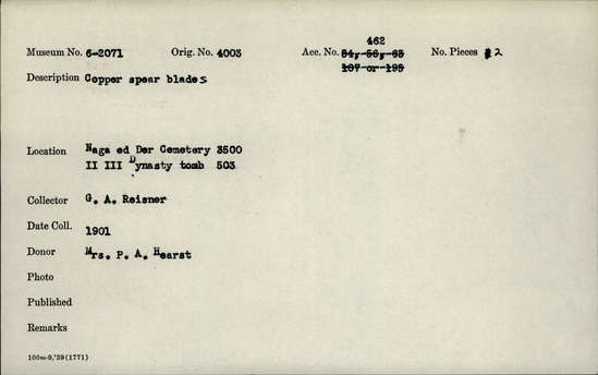 Documentation associated with Hearst Museum object titled Spear blades, accession number 6-2071, described as Copper spear blades