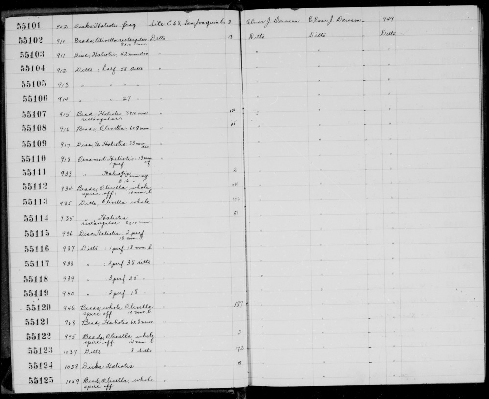 Documentation associated with Hearst Museum object titled Beads, accession number 1-55107.2, described as Haliotis beads, rectangular. Early culture period Windmiller culture.