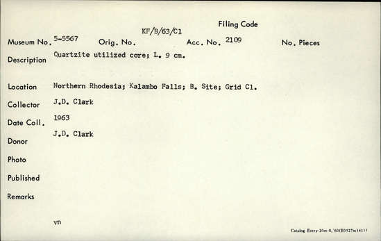 Documentation associated with Hearst Museum object titled Handaxe, accession number 5-5567, described as Quartzite utilized core; L. 9 cm