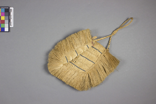 Hearst Museum object titled Fiber bag, accession number 11-2146, described as Bag of native flax, handle, 3 stripes of blue stitching.